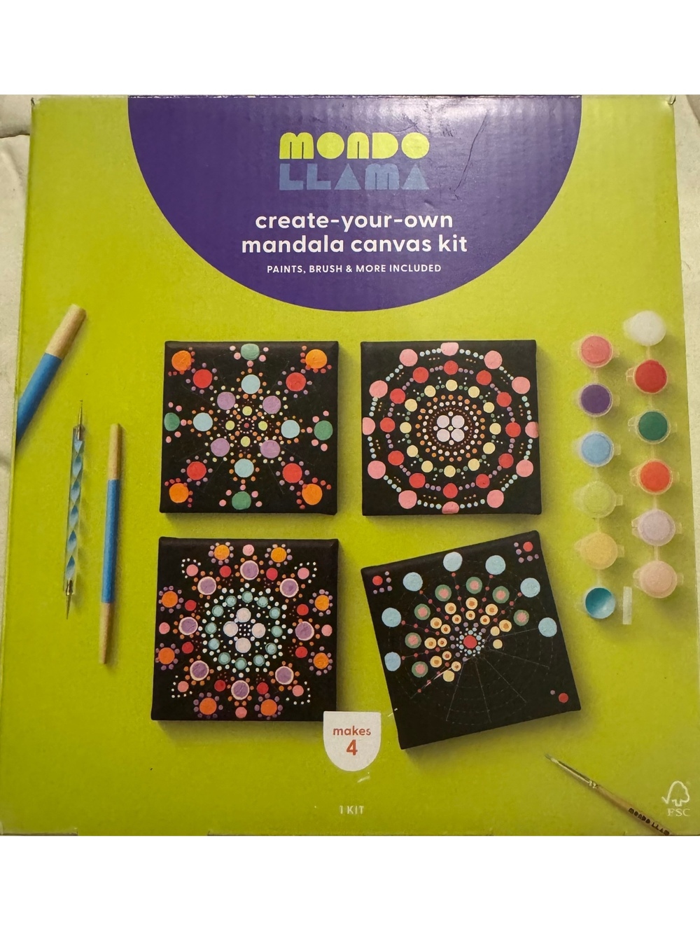 Mondo Llama Create-Your-Own Mandala Canvas Kit with Paints and Brushes